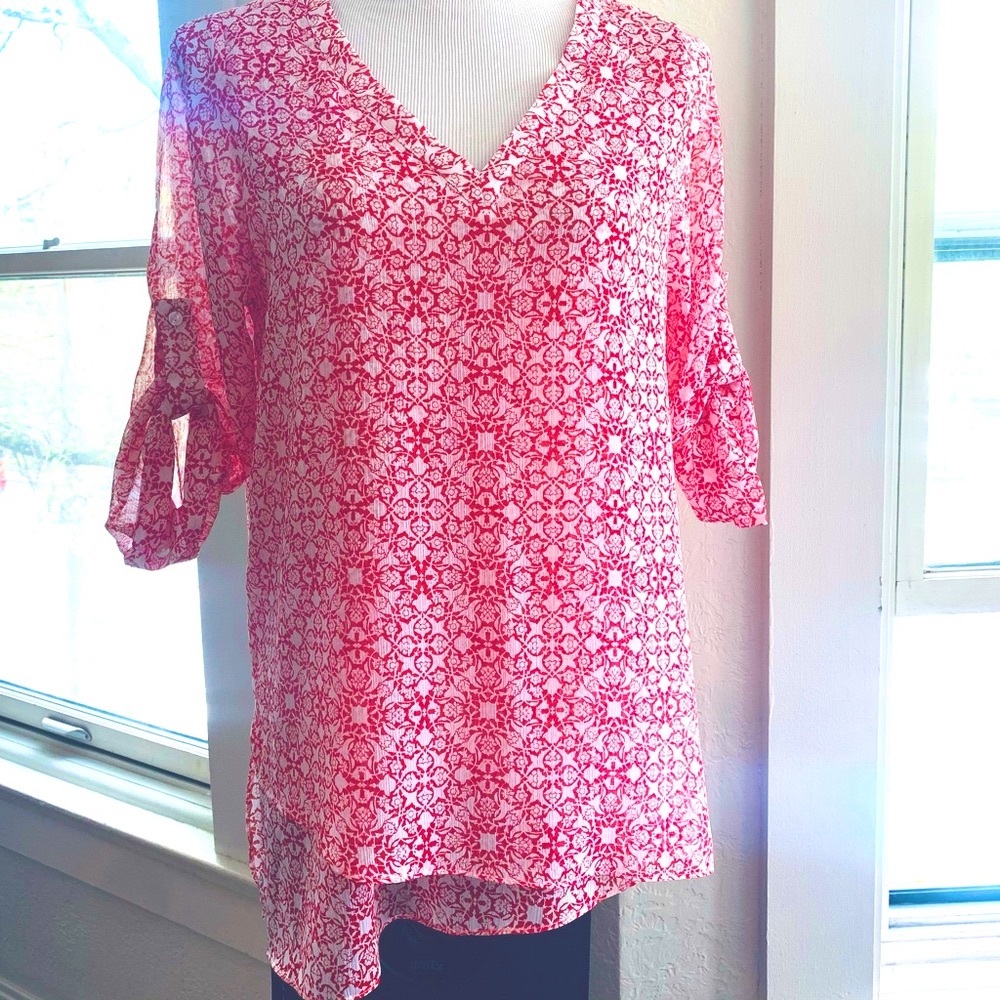 The Limited Red Asymmetrical 3/4 Sleeve Blouse Sheer S 3/$15